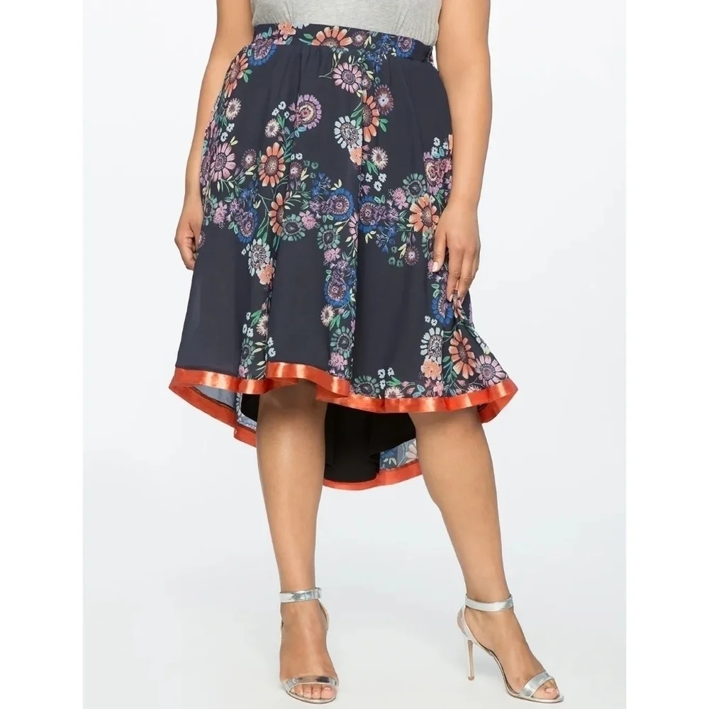 Eloquii NWT Navy Blue Floral Circle Skirt Contrast Trim Lined Flowy Romantic